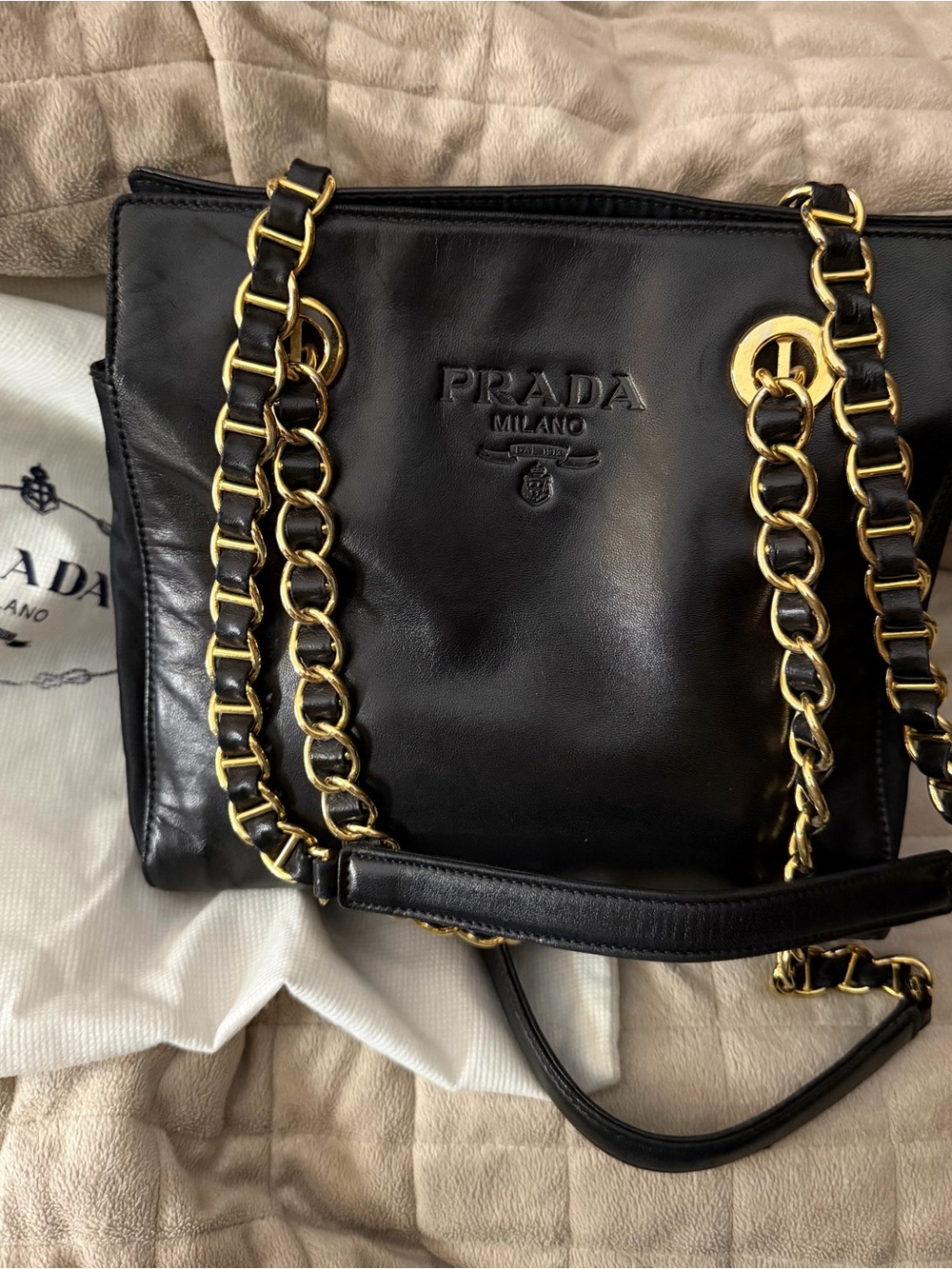 PRADA Black Leather Shoulder Bag w/Leather & Gold Chain Straps & 3 Large Pockets